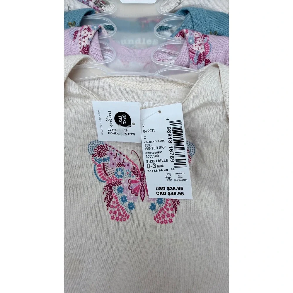 Bundles Baby Place 4 Pack Long Sleeve Bodysuits 0-3M Winter‎ Sky Butterfly NWT